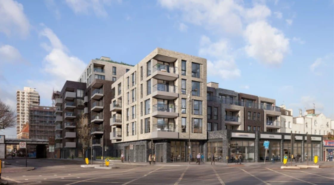 Camberwell Road (166 to 176a), London SE5: completed mixed-brick apartment blocks of four to six storeys with inset balconies and ground-floor commercial units on the street corner, A2Dominion scheme