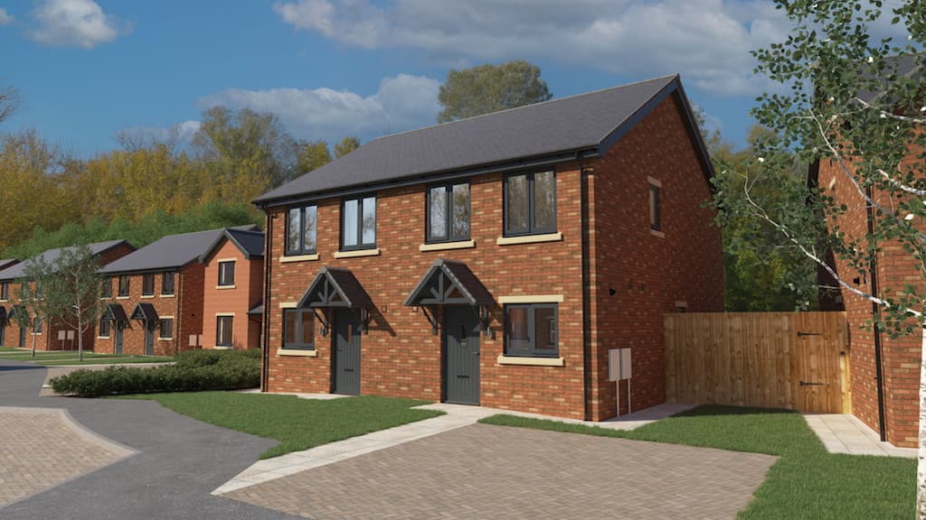 Castlefields, Esh Winning: render of a pair of red-brick semi-detached two-storey homes with pitched roofs, timber-trimmed porches and paved driveway, Karbon Homes affordable scheme