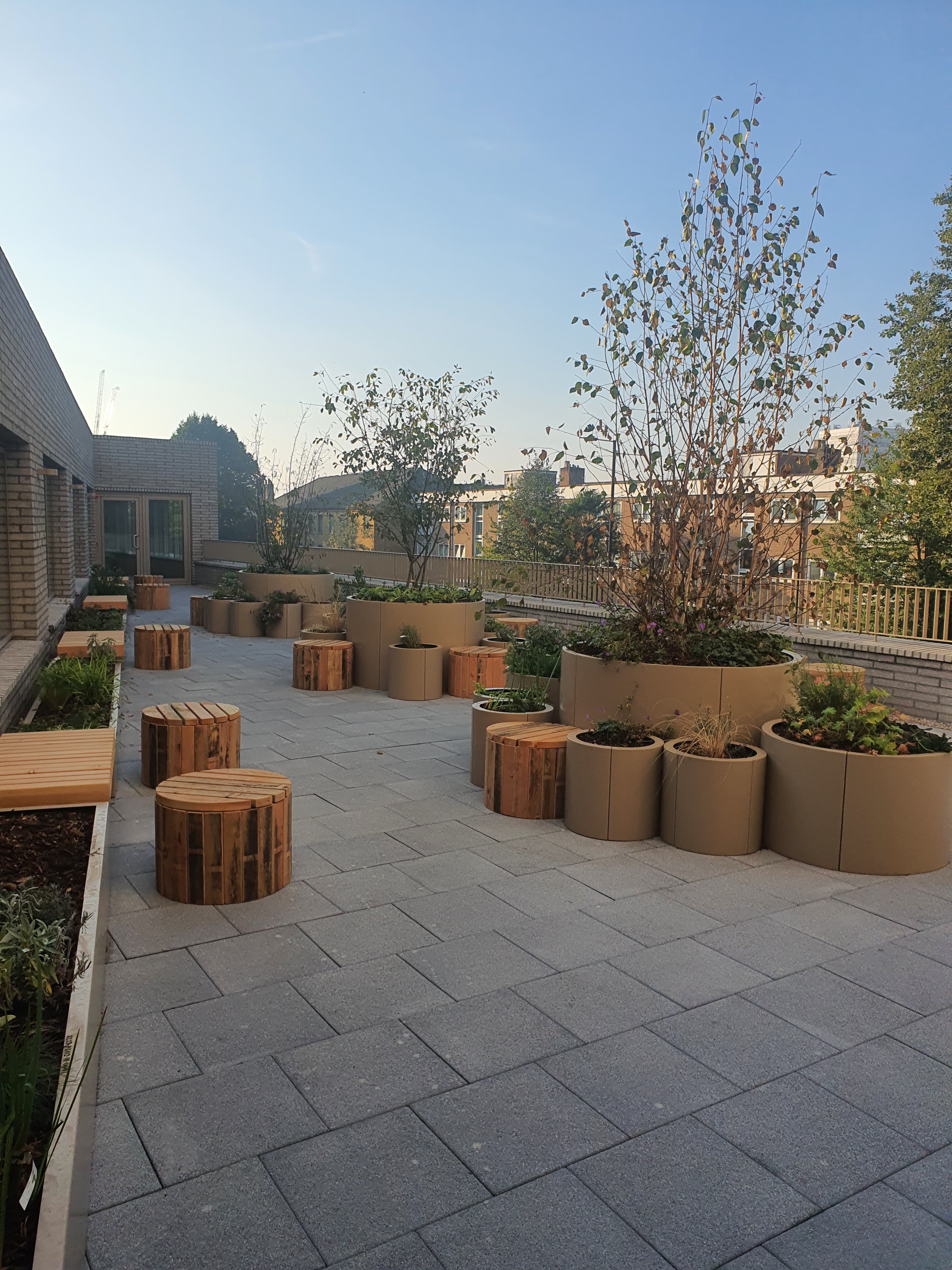 Daventry House (Lisson Arches), Westminster: completed cream-brick tower viewed from the resident roof terrace at golden hour, with circular planters, oak benches and a pivot-window pavilion in the foreground
