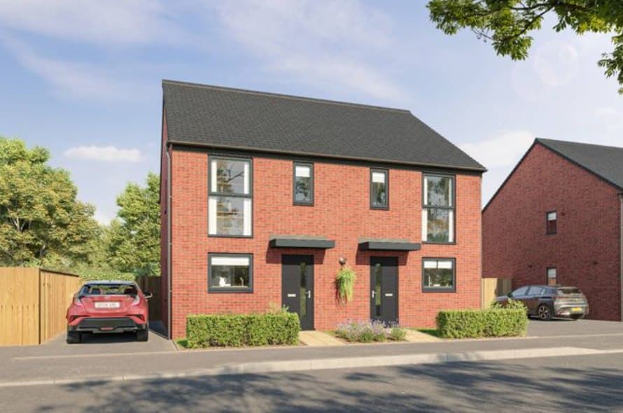 Ferryhill Dean Road, Ferryhill: modern red-brick semi-detached homes with anthracite windows on a corner of the development, Livin Housing affordable scheme