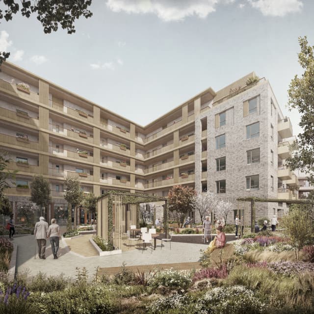 Honeypot Lane, Brent: courtyard view of the same scheme, landscaped garden with pergolas, planters and seated residents, perimeter blocks of buff brick around