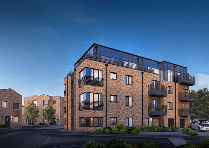 Pelham Waterside, Nottingham: render of a four-storey buff-brick apartment block with anthracite Juliet balconies at dusk, terraced houses to the side, CPMG Architects design for Pelham Homes