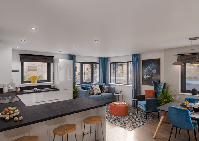 Pelham Waterside, Nottingham: render of an open-plan kitchen / living space with breakfast bar, blue sofa and accent chairs, pendant lighting above