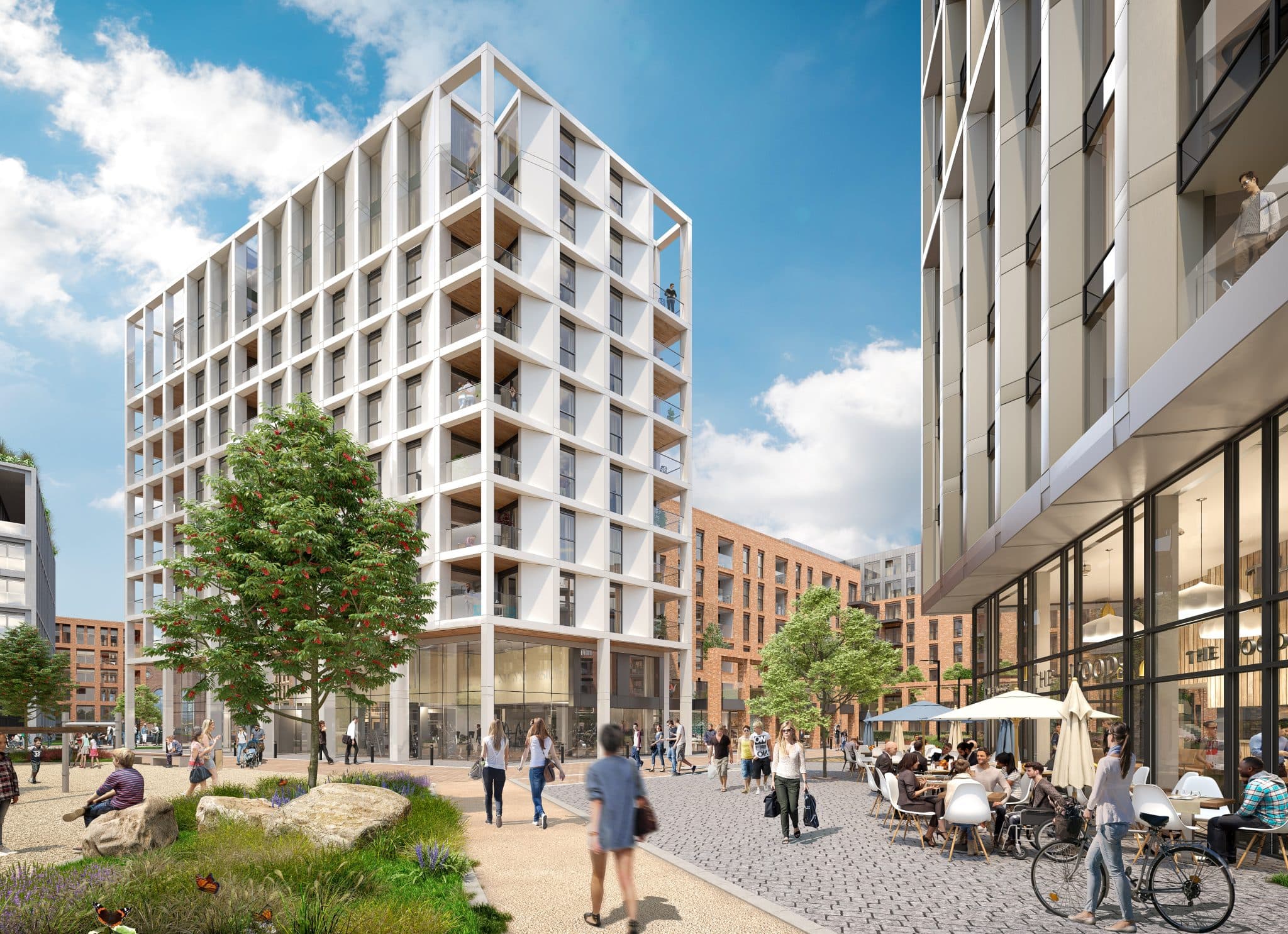 Points Cross Phase 1, Leeds (Blocks A & B): render of contemporary mid-rise with white concrete frame and recessed timber-clad balconies, public plaza below with planted beds and café terrace, Guinness Partnership scheme