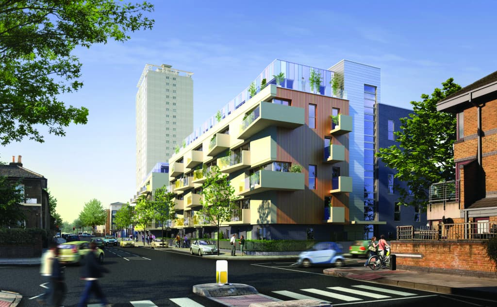 Queensbridge Quarter, Hackney: render of a five-storey mid-rise with multi-coloured panelled cladding (mustard, terracotta, blue) and green roof terraces, with the Holly Street tower block behind, Holly Street Estate regeneration scheme