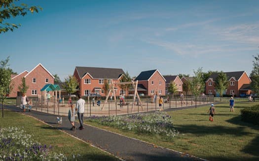 Rodney Crescent, Filton: render of a fenced play park in the foreground with family and dog-walker on a tree-lined path, completed brick semi-detached homes behind, Bromford affordable scheme