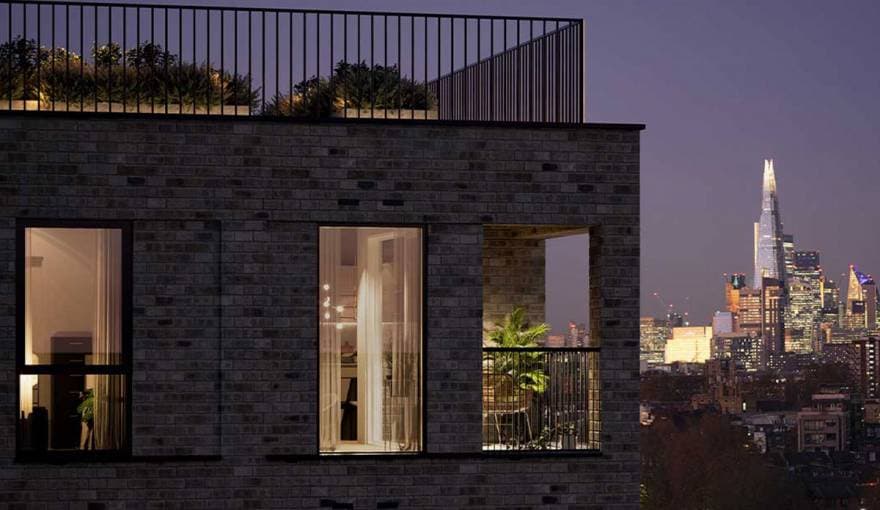 Wyndham Studios twilight view: upper-floor apartment with rooftop terrace, the Shard and City of London skyline beyond